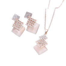 New Fashion Lady Rhinestone Opal Squares Shape Pendant Chain Necklace Drop Earrings Jewelry Sets for Women Xmas Gift 2024 - buy cheap