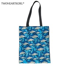 TWOHEARTSGIRL Shark Prints Women Canvas Handbag Female Lightweight Shopping Tote Bag Ladies Large Capacity Owl Travel Beach Bags 2024 - buy cheap