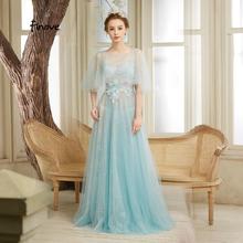 Finove Light Blue Evening Dresses 2019 New Style Sexy Illusion O Neck With Appliques Half Sleeve A Line Formal Long Dress 2024 - buy cheap