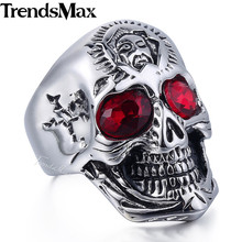 Dropshipping 2018 masculino crânio anel vermelho strass 316l aço inoxidável anel acessórios de halloween atacado jóias hr398 2024 - compre barato
