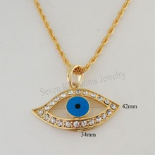 YELLOW GOLD GP OVERLAY FILLED BRASS 24" ROPE NECKLACE & BLUE ENAMEL EVIL EYE PENDANT CZ STONE 2024 - buy cheap