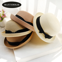 MATTYDOLIE-Sombrero de paja para niña y niño, sombrero de verano con lazo monocromático reducido, sombrero de sol de playa plegable, gorro para parejas 2024 - compra barato