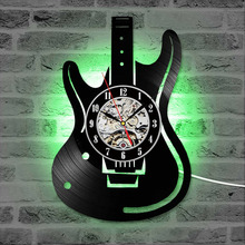Настенные часы с виниловой пластиной для гитары, античный музыкальный инструмент, светодиодные часы с CD, домашний декор, креативные бесшумные Подвесные часы для любителей музыки 2024 - купить недорого