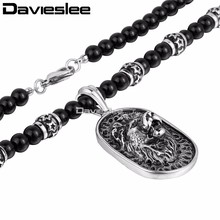 Davieslee Mens Lion Necklace Pendant Black Ball Glass Bead Chain 316L Stainless Steel Wholesale Jewelry 8mm 70.6cm LHN83 2024 - buy cheap