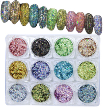 12 cajas de polvos ultrafinos para uñas, purpurina, lentejuelas, colores láser, pavo real, decoración DIY, papel de aluminio, MHQC01-12, 1 lote 2024 - compra barato