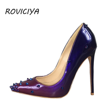 Roviciya-sapatos femininos de salto alto, calçado feminino gradiente com rebites, festa de casamento, primavera, outono, 8-12 cm, 33-45, md014, feminino 2024 - compre barato