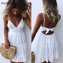 Summer Women Lace Dress Sexy Backless V-Neck Beach Dress 2020 Sleeveless Spaghetti Strap White Dress Casual Mini Sundress 2024 - buy cheap