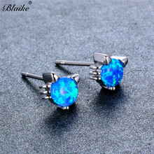 Blaike Cute Cat Blue/White Fire Opal Stud Earrings For Women Animal Jewelry Silver Color Birthstone Earrings Gifts 2024 - buy cheap