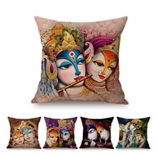 India Cultural Radha Krishna Oil Painting Valentine Day Home Decoration Sofa Throw Pillow Case Exotic Ethnic Linen Cushion Cover 2024 - buy cheap