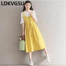 Women Summer Dress Literature Solid Color Sleeveless Single Breasted Drawstring Waist Cotton Linen Tank Dress Female Is724 2024 - buy cheap