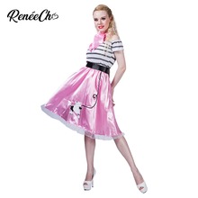 Reneecho Halloween Costume For Women 50`s Poodle Costume Cute Dog Print Off The Shoulder Pink Dress And Scarf Set 2024 - buy cheap