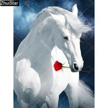 Full Square Drill 5D DIY Diamond Painting "White horse biting a rose" 3D Embroidery Cross Stitch Rhinestone Mosaic Decor   Y2 2024 - buy cheap