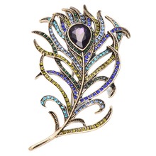 New Vintage Large Rhinestone Peacock Feather Brooches For Women Pins Crystal Bouquet Jewelery Broach Gift 2024 - buy cheap