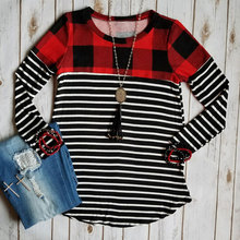 Spring Autumn Women T-Shirt Long Sleeve Plaid Striped Splicing O-Neck Casual Female T-Shirt Ladies Tops Tee 2024 - buy cheap