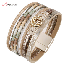 Amorcome Leather Bracelets for Women Rhinestone Crystal Alloy Charm Femme Wide Multilayer Bracelets & Bangles Female Jewelry 2024 - buy cheap