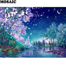 Pintura diamante uso doméstico 5d, paisagem natural, superfície da noite azul, lake sakura, kits de ponto de cruz, mosaico bordado com diamante quadrado completo 2024 - compre barato