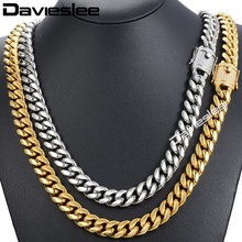 Davieslee Miami Curb Mens Necklace Chain Cubic Zirconia CZ 316L Stainless Steel Gold Silver Color 12/14mm 30inch DHNM21 2024 - buy cheap