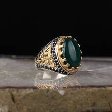 Anel de pedra de quartzo verde natural 925, prata gravada, tradicional, artesanal, anéis de sinete turco, presente de joia de rock para mulheres e homens 2024 - compre barato