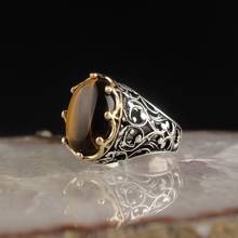 Anel de pedra tigerolho natural 925, prata gravada, tradicional, artesanal, anéis de sinete turco, presente para mulheres e homens 2024 - compre barato