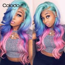 COLODO Green Blue Pink Human Hair Wig Brazilian Remy Blue Wavy Lace Front Wig Pre Plucked Transparent Lace Wigs for Black Women 2024 - buy cheap