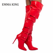 Fall Winter Women Stiletto Pocket Boots Red Faux Leather Over The Knee Boots Pointed Toe Thigh High Heels Women Botas De Mujer 2024 - buy cheap