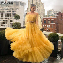 Yellow Beaded Prom Dresses 2020 Off The Shoulder Pleated Evening Gowns Plus Size Kaftans Islamic Tulle Formal Dress Long Sleeves 2024 - buy cheap