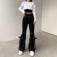 Y2K Patchwork Bandage High Waist Jeans Women 2021 Black Wide Leg Straight Denim Pants Vintage Harajuku Streetwear Ladies Trouser 2024 - buy cheap