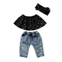 Infant Baby Girls Clothes Sets Dot Sleeveless Tops Vest Hole Denim Pants Headband 3pcs Clothing Set Baby Girl 2024 - buy cheap