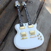 White Acepro Double Neck Electric guitar with Basswood Body Carved top, Abalone custom stem inlays, Gold Hardware guitarra 2024 - buy cheap
