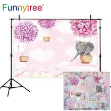 Funnytree fundo de aniversário para a foto rosa menina elefante flor balão de ar quente chuveiro do bebê pano de fundo fotografia photophone 2024 - compre barato