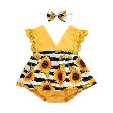 0-24M Baby Girl Clothes Sets Sunflowers 2Pcs Lace Ruffles Bodysuit Dress  V Neck Backless Jumpsuits Headband 2Pcs Baby Girl Set 2024 - buy cheap