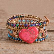 Pulseira de couro espiral romântico com 5 fios, pulseira de pedra misturada com formato de coração vermelho, joias clássicas e presentes de amantes 2024 - compre barato