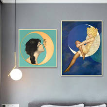 Pintura em tela da lua bela mulher, posteres clássico, lua crescente antiga, retrô, arte impressões, imagens de parede, decoração de casa 2024 - compre barato