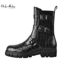 Onlymaker dedo do pé redondo botas de salto baixo para mulher fivela de metal crocodilo impressão botas de tornozelo de couro com zíper confortável grande siz 2024 - compre barato