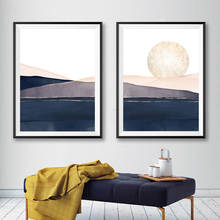 Azul marinho rosa dourado aquarela abstrato pôr-do-sol impressões paisagens contemporâneas arte de parede imagens pintura de tela acima decoração de cama 2024 - compre barato