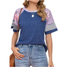 Women Summer Floral Print Patchwork T-shirt Short Sleeve O Neck   Stripes Tops Loose Casual Pullover Female Basic Tees Top 2024 - buy cheap