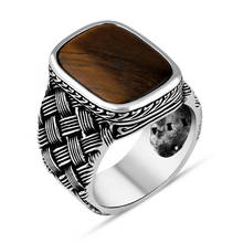 925 Sterling Silver Rectangle Brown Tiger Eye Stone Ring Knit Pattern Men Special Quality Fashion Stylish Design Unusual New 2024 - buy cheap