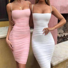 Alta qualidade rosa verão moda sexy alça espaguete vestido sem mangas altura do joelho vestimenta feminino slim elegante festa de tarde 2024 - compre barato