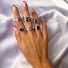 Anel de noivado feminino, anel grande de pedra de cristal multicolorido com berloque ajustável quadrado, para casamento, joia para mulheres 2024 - compre barato