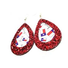 Texas Themed Faux Leather Teardrop Earrings Two Layers  Red Glitter Framed Stock Bulk Wholesale 2024 - buy cheap