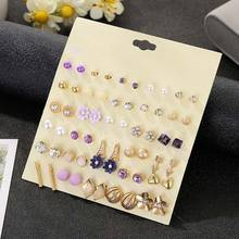 30 Pairs/set Romantic Purple Color Stud Earrings Set Crystal Pearl Flower Heart Mix Geometric Ear Studs For Women Korean Jewelry 2024 - buy cheap