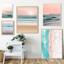 Póster de lona con paisaje de playa, estilo nórdico costero, impresión artística de pared Rosa océano, pintura, imagen escandinava, decoración del hogar 2024 - compra barato