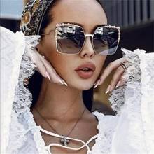 Moda nova pérola praça óculos de sol do vintage de luxo feminino designer de metal quadro gradiente óculos de sol uv400 2024 - compre barato