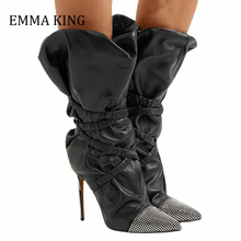 Женские ботинки до середины икры, черные ботинки из искусственной кожи, украшенные кристаллами, на тонком каблуке 12 см, с эластичным ремешком, на весну 2021 2024 - купить недорого