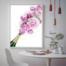 Pintura en lienzo de botella de champán a la moda, cuadros de pared, póster de Alcohol, flor rosa, botella de champán, impresiones artísticas, Decoración de cocina 2024 - compra barato